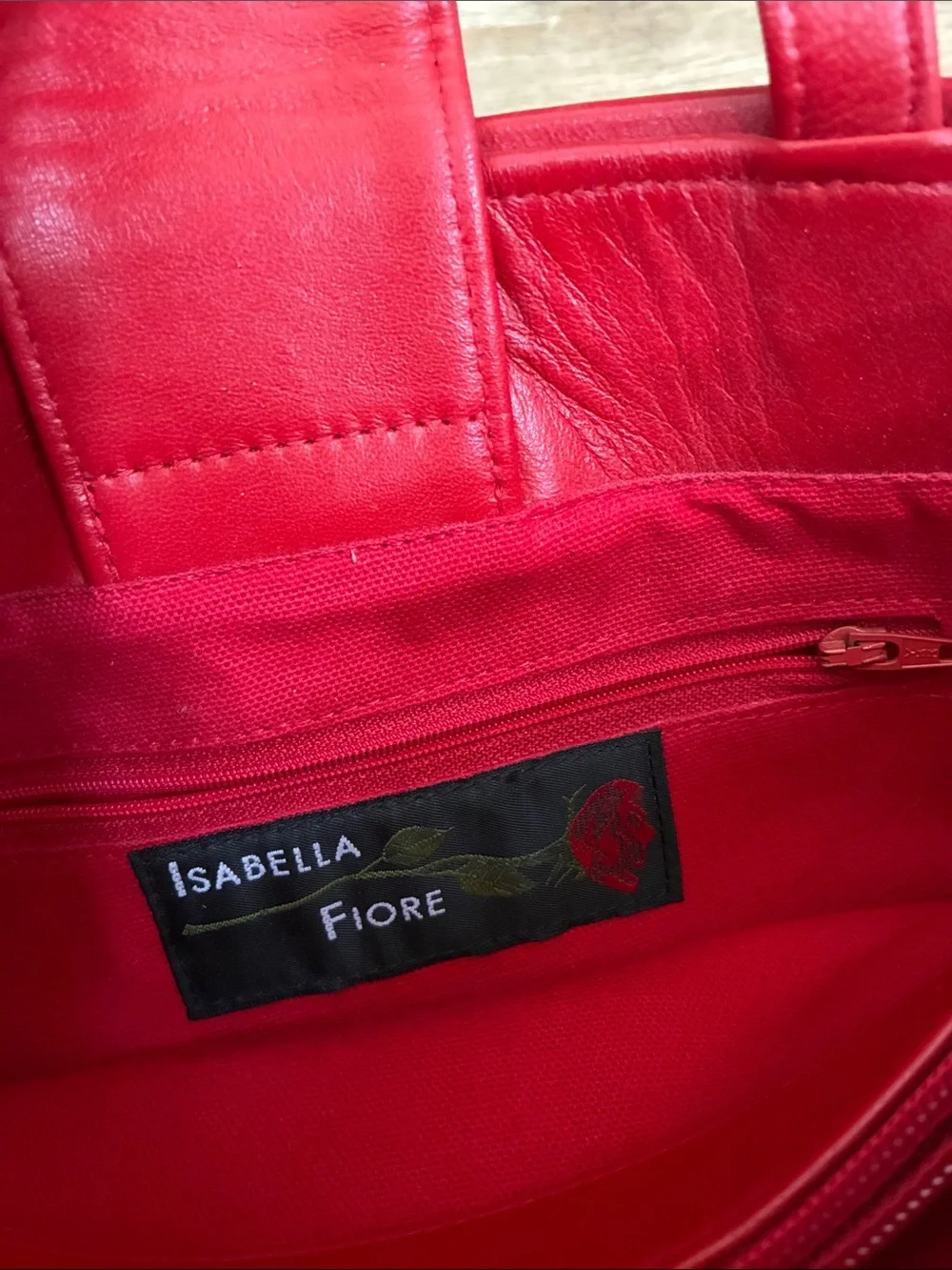 VINTAGE Isabella Fiore Red Leather&Green Gingham Bag w/ Floral&Fruit Embroidery
